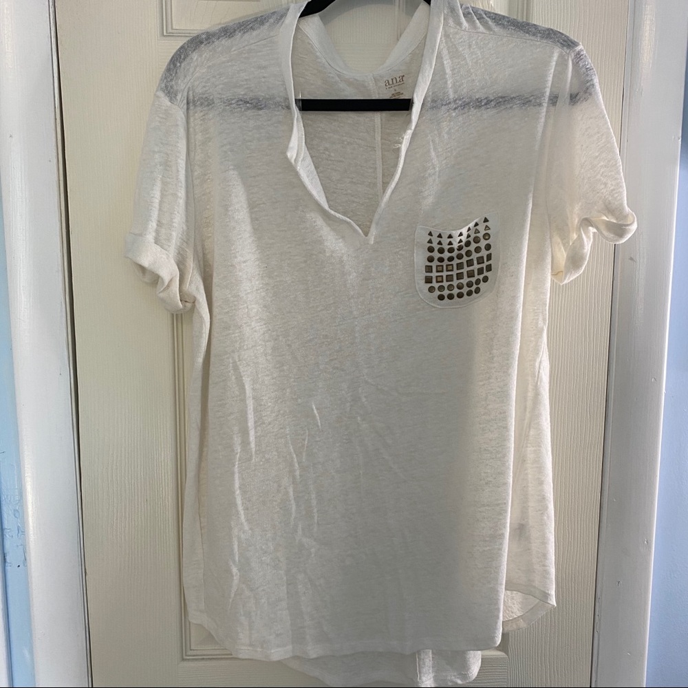 Cream V Neck Tee with pocket detail